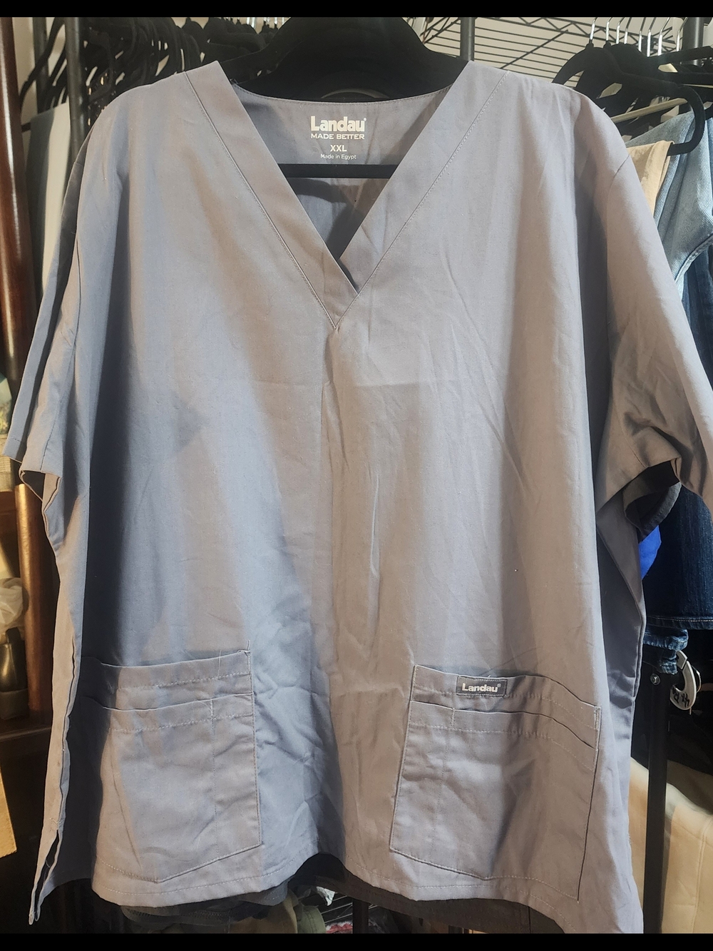 Landau V-Neck Medical Scrub Top in Slate Blue, Dark Grey And Royal Blue in 3x